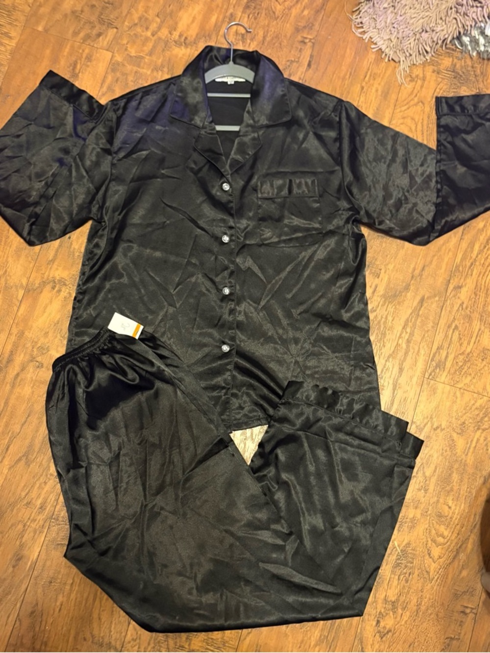 Black satin style matching set pajamas long sleeves button down elastic pants m
